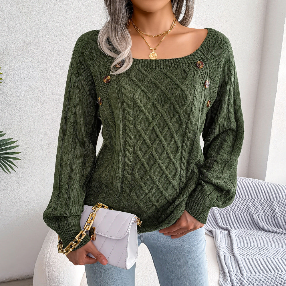 2025 Fall Winter Casual Square Neck Button Detail Cable Knit Sweater