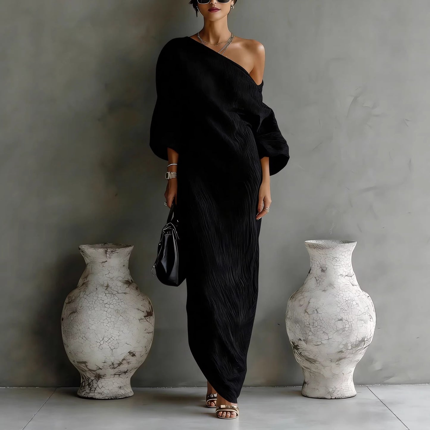 Elegant One Shoulder Long Sleeve Asymmetric Maxi Dress
