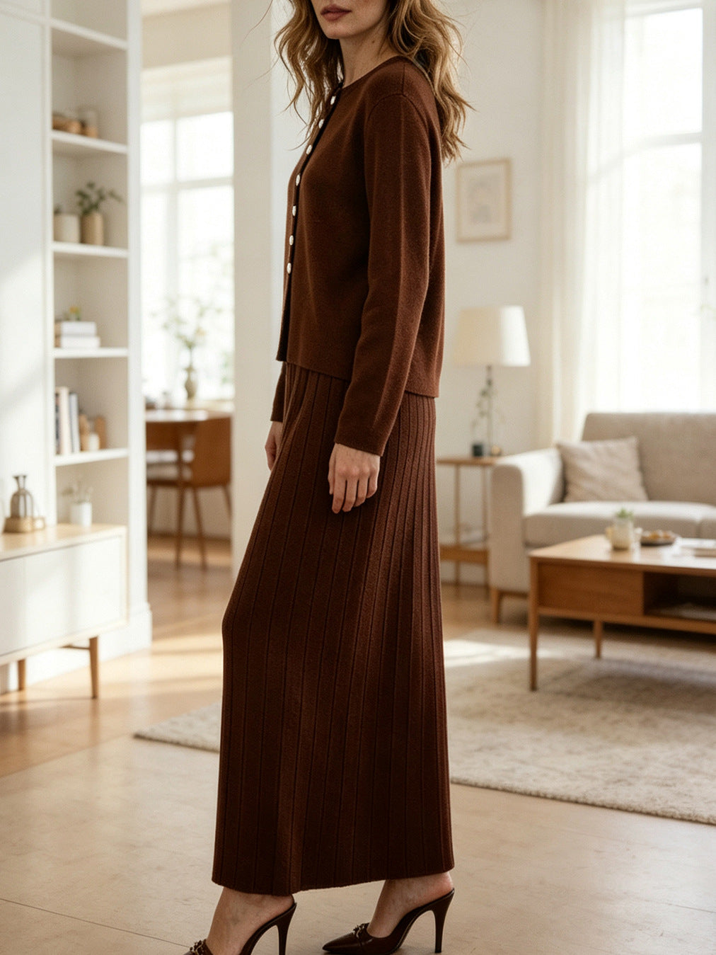 Women's Ribbed Knit Cardigan Maxi Skirt Matching Set