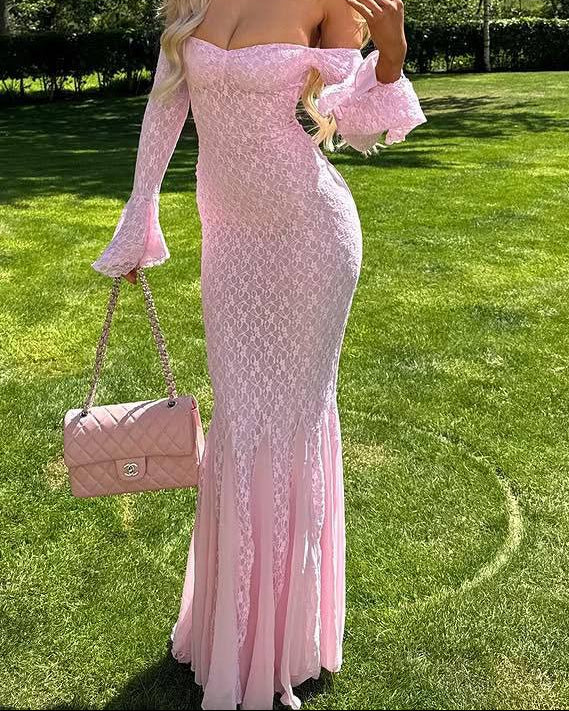 Off Shoulder Lace Maxi Dress Bell Sleeve Mermaid Formal
