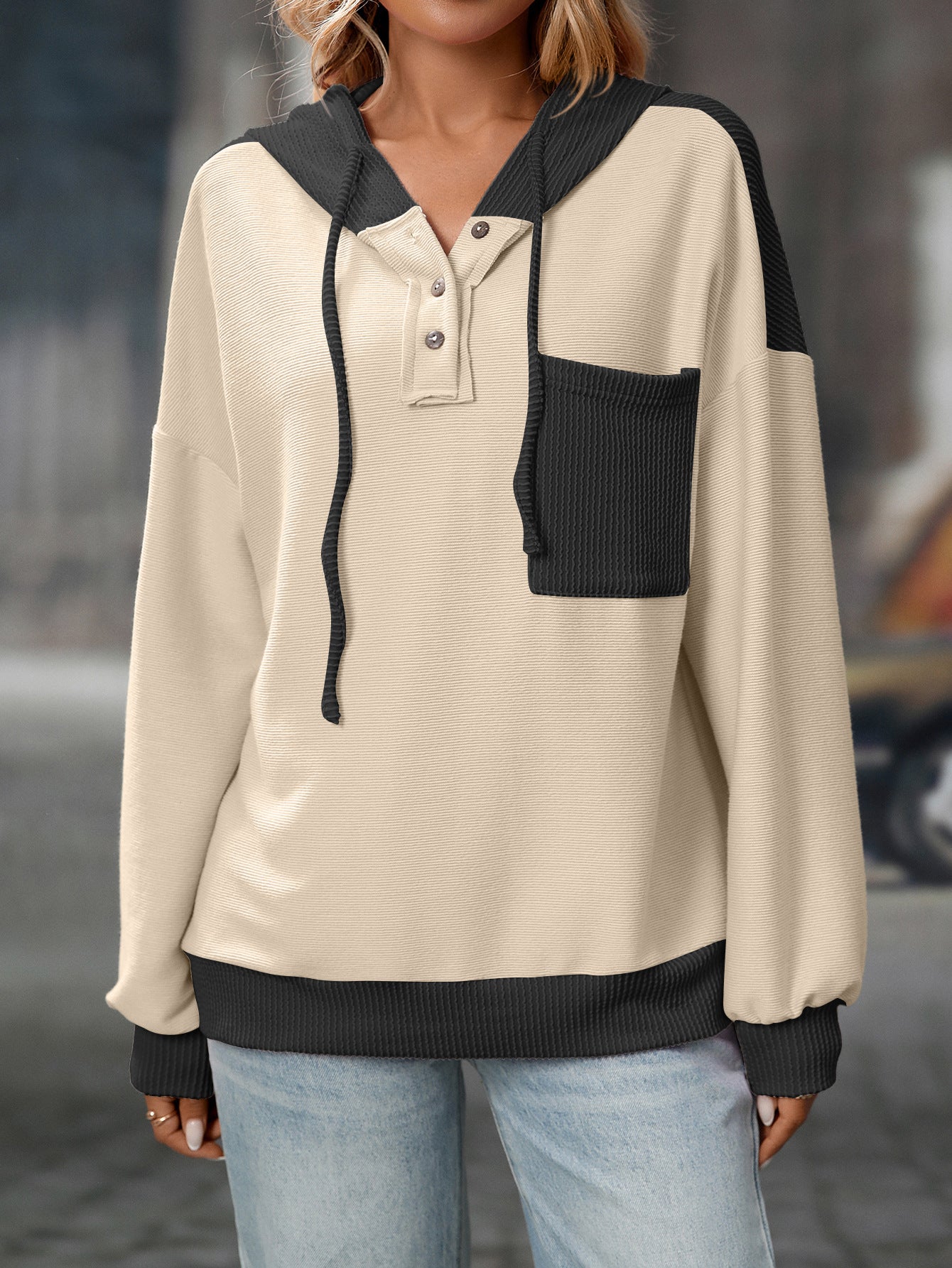 2025 Fall/Winter Colorblock Knit Trim Hoodie – Casual Pullover Sweatshirt