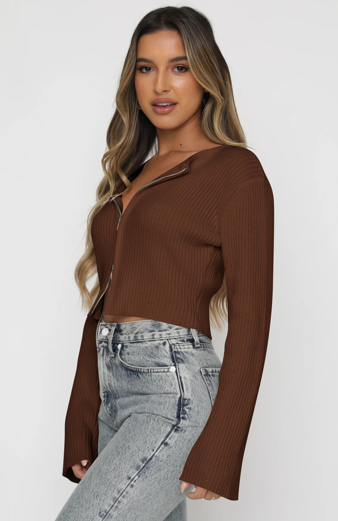 Women’s Ribbed Zip-Up Cropped Sweater with Flare Sleeves