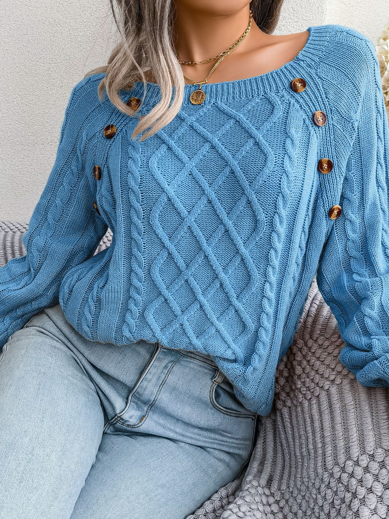 2025 Fall Winter Casual Square Neck Button Detail Cable Knit Sweater