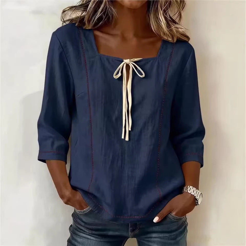 Women's Square Neck Tie Front Linen Blend Blouse 3/4 Sleeve