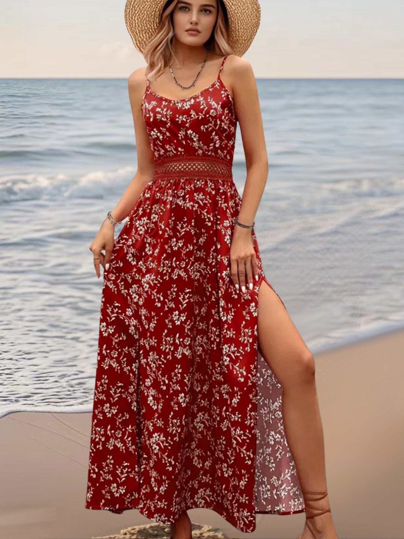 Floral Split V-Neck Spaghetti Strap Maxi Dress for Summer