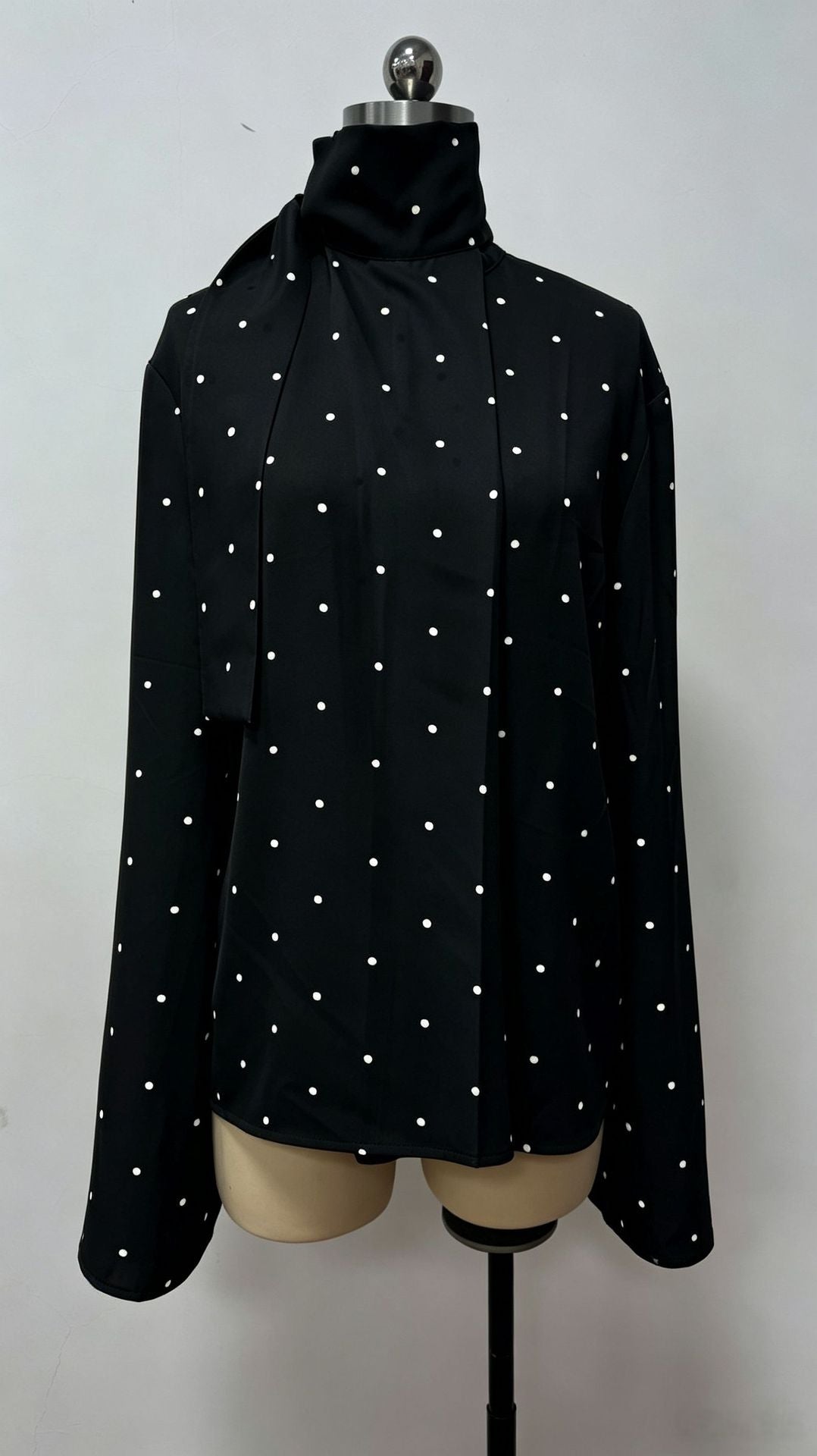 Women's Polka Dot Scarf Neck Blouse Long Sleeve Loose Fit