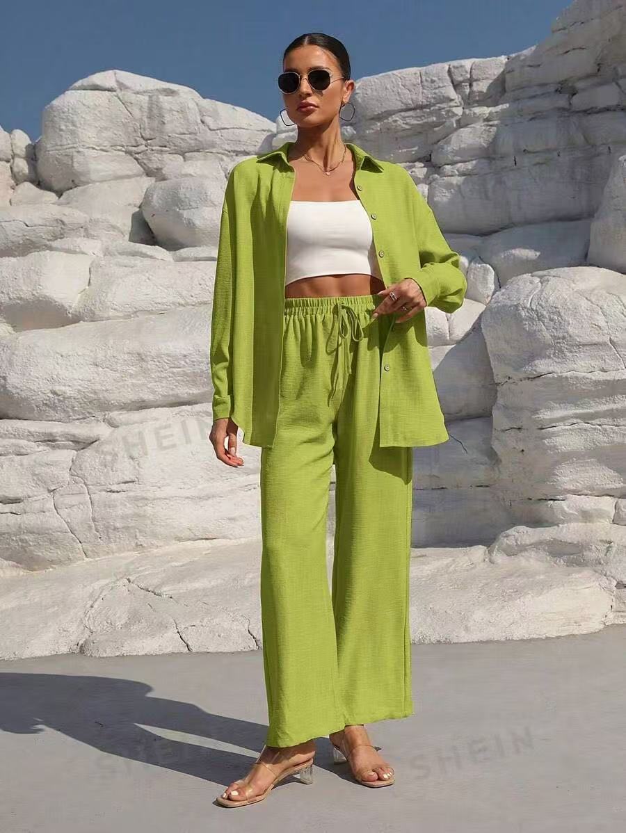 Womens Solid Two Piece Set Button Shirt Wide Leg Pants