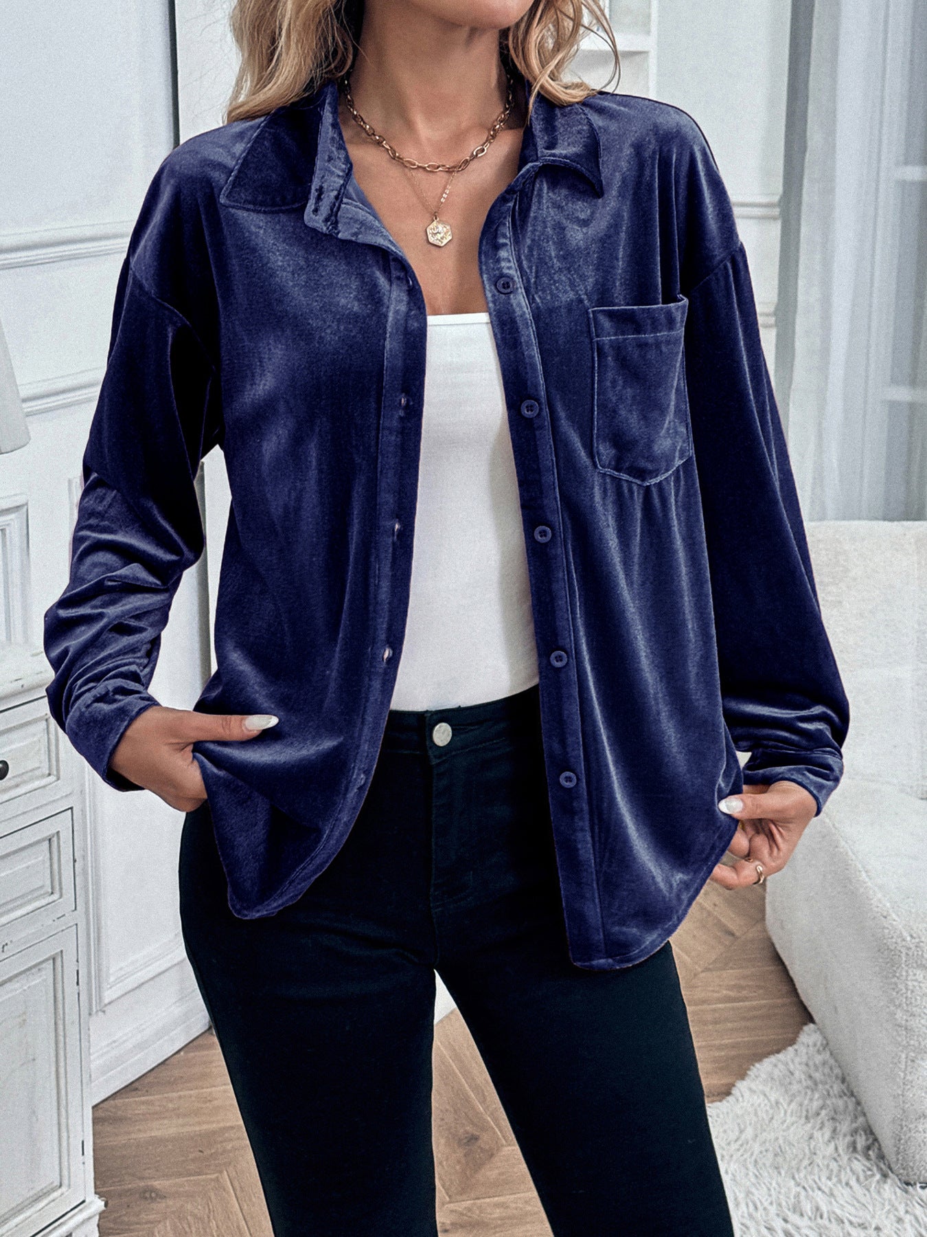 Solid Velvet Button-Up Lantern Sleeve Collared Blouse