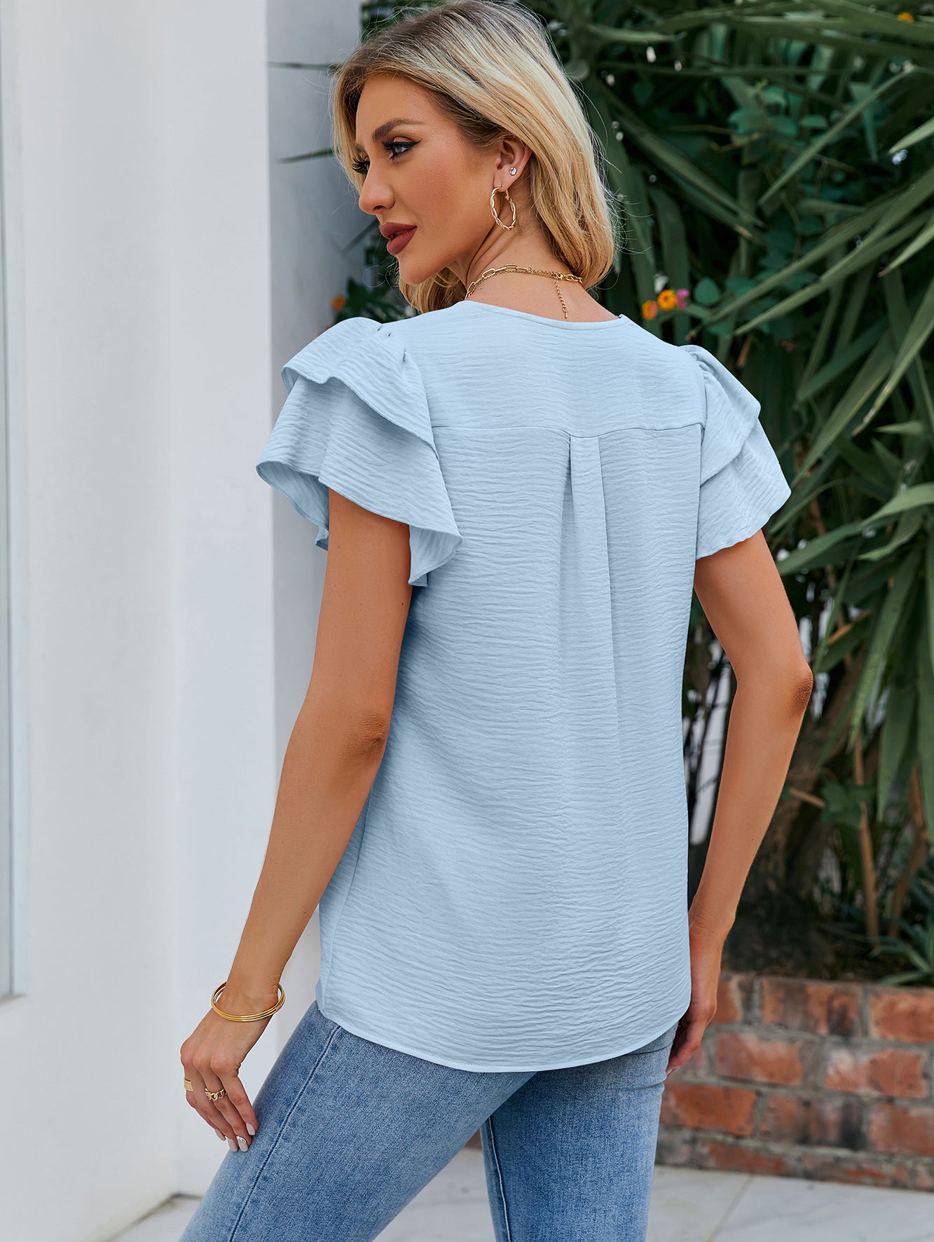 Women’s Short Sleeve Ruffle V Neck Summer Top