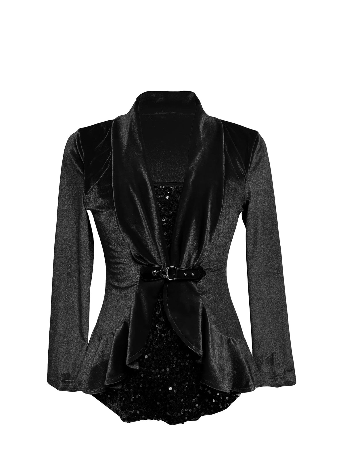 Women's Long Sleeve Velvet Sequin Belted Peplum Top