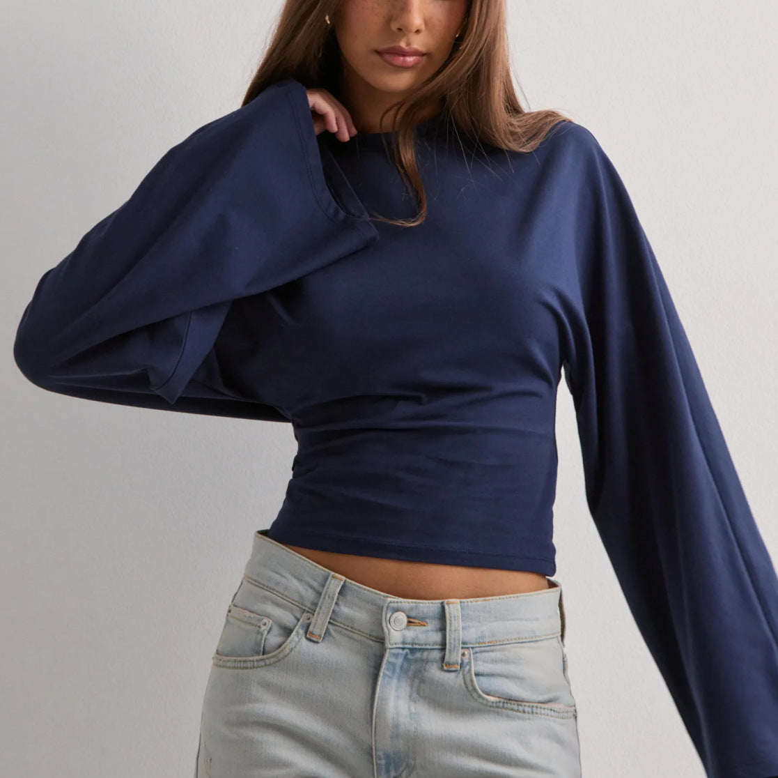 Women's Batwing Long Sleeve Cinched Waist Crew Neck Top