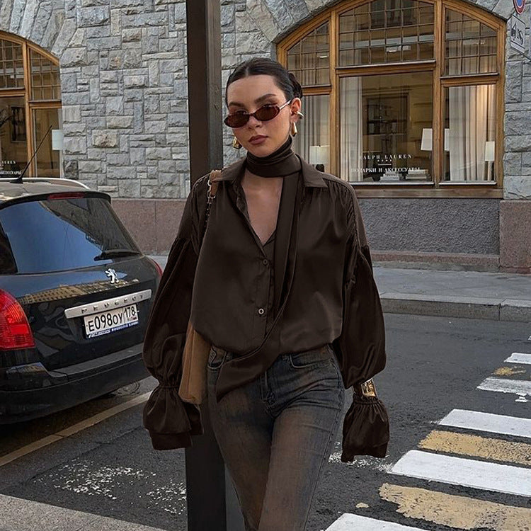Satin Scarf Neck Blouse Flare Sleeve Oversized Shirt