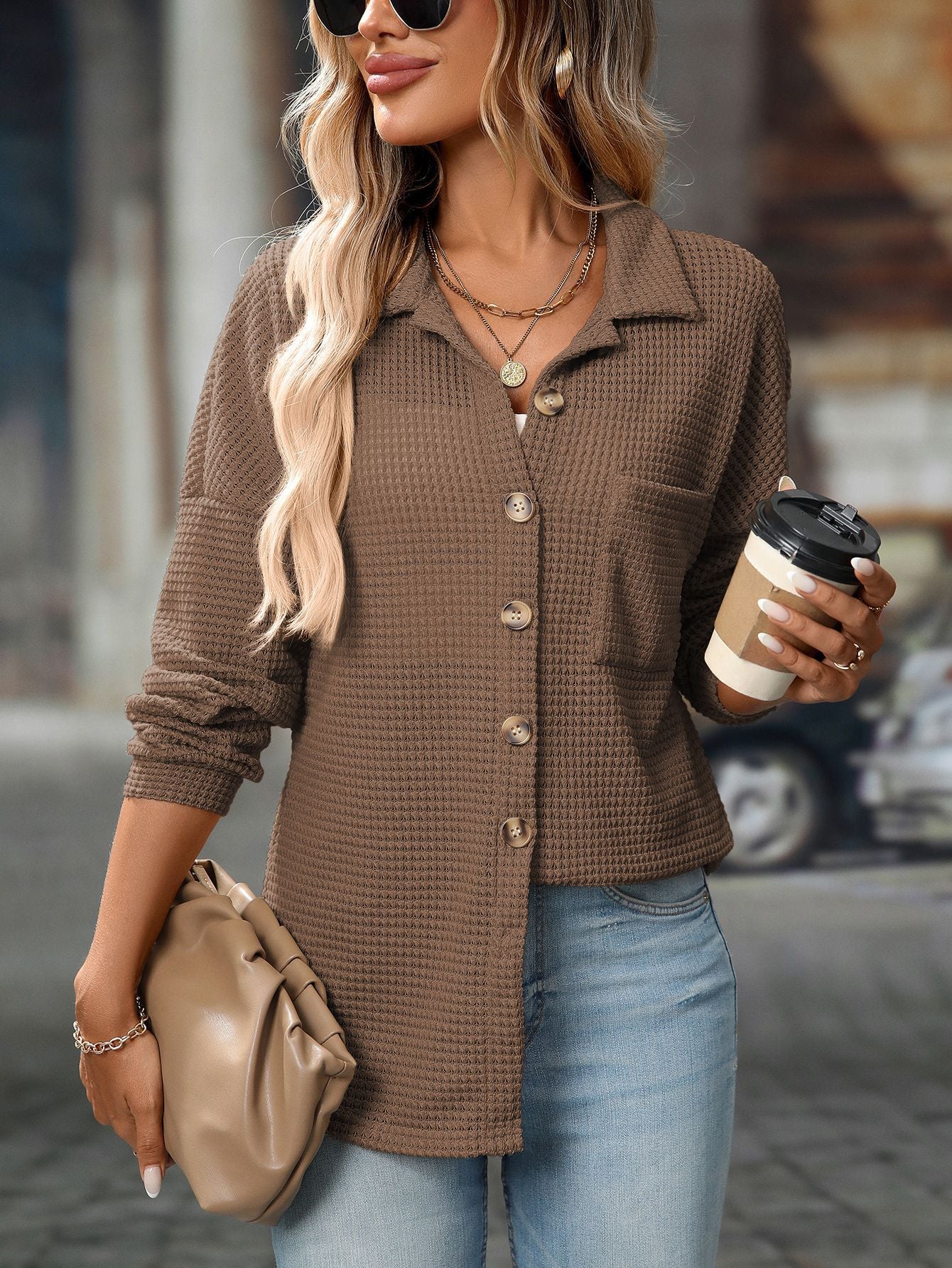 2025 Fall/Winter Casual Waffle Knit Shirt – Loose Fit Commuter Top