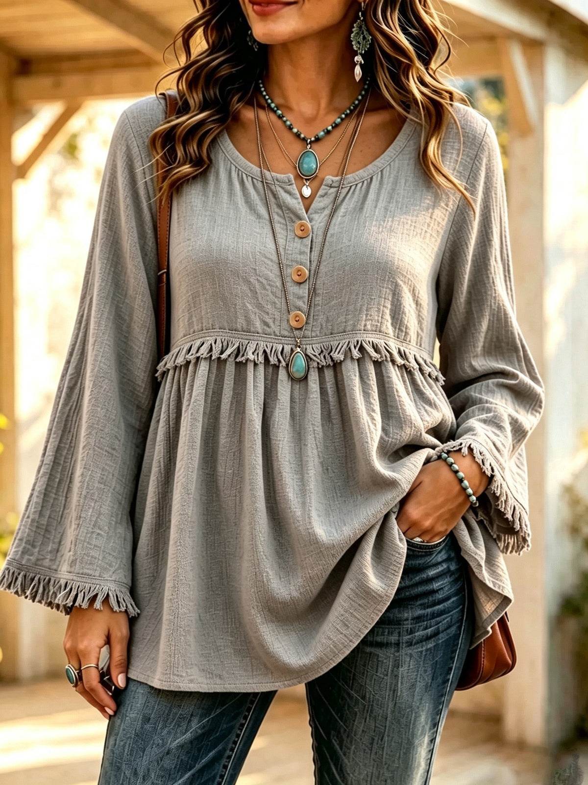 Boho Fringe Button Front Long Sleeve Casual Top