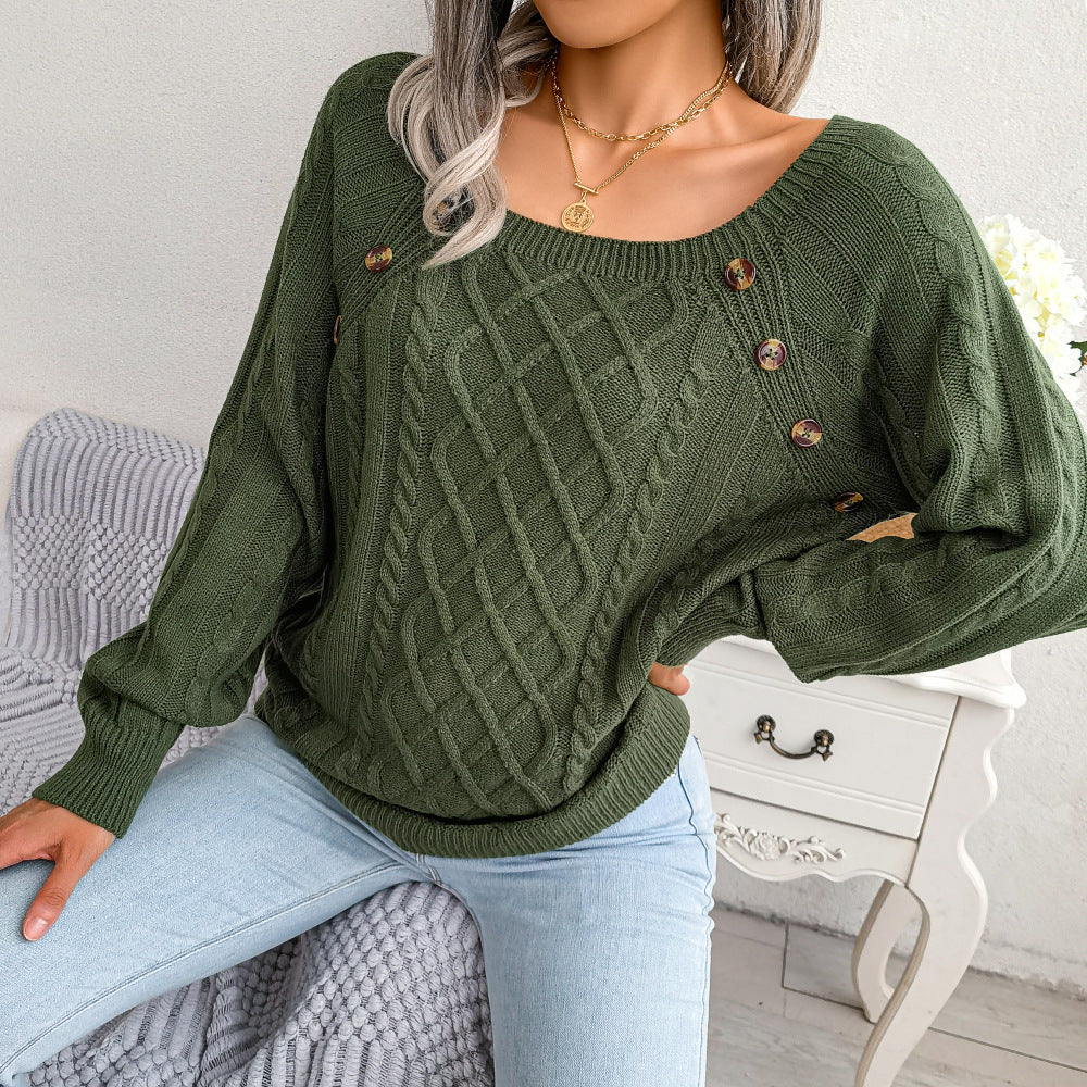 2025 Fall Winter Casual Square Neck Button Detail Cable Knit Sweater