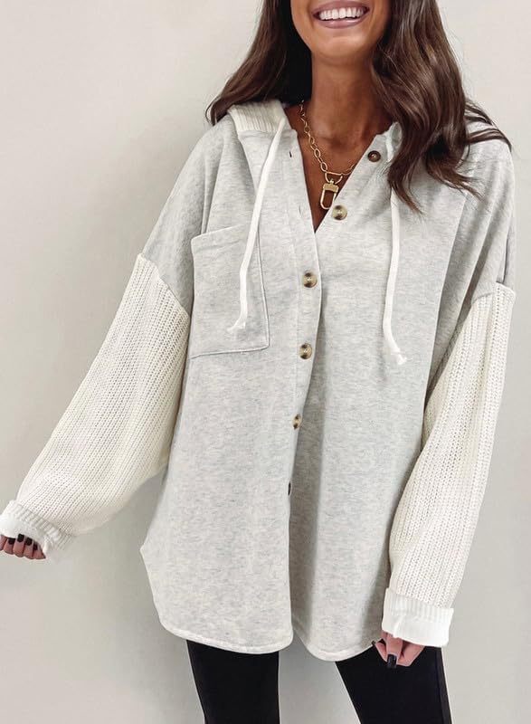 2025 Fall/Winter Colorblock Knit Sleeve Hoodie – Casual Button Down Top