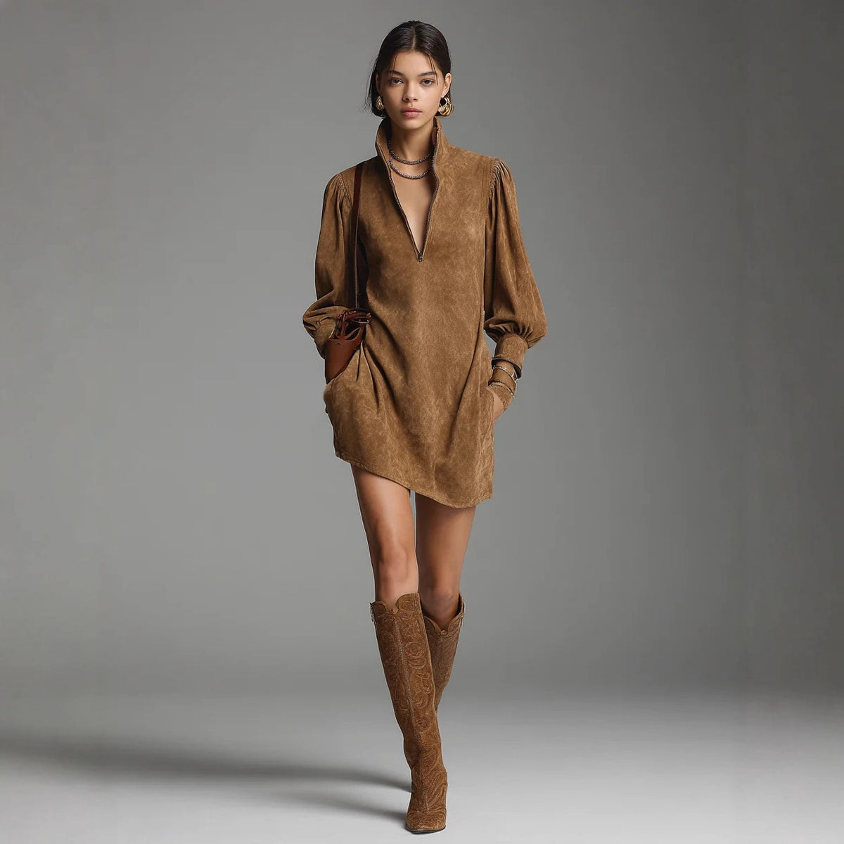 Suede Zip Front Mini Dress Long Sleeve Mock Neck