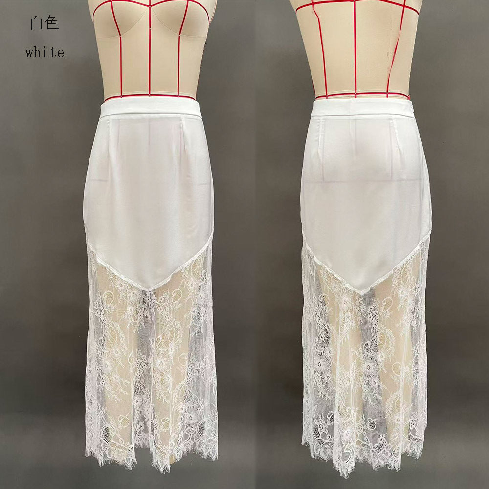 Women's Lace Panel Asymmetrical Bodycon Midi Skirt