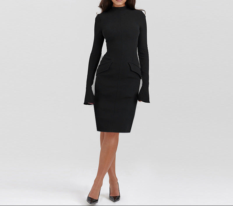 Long Sleeve Mock Neck Bodycon Mini Dress Pockets