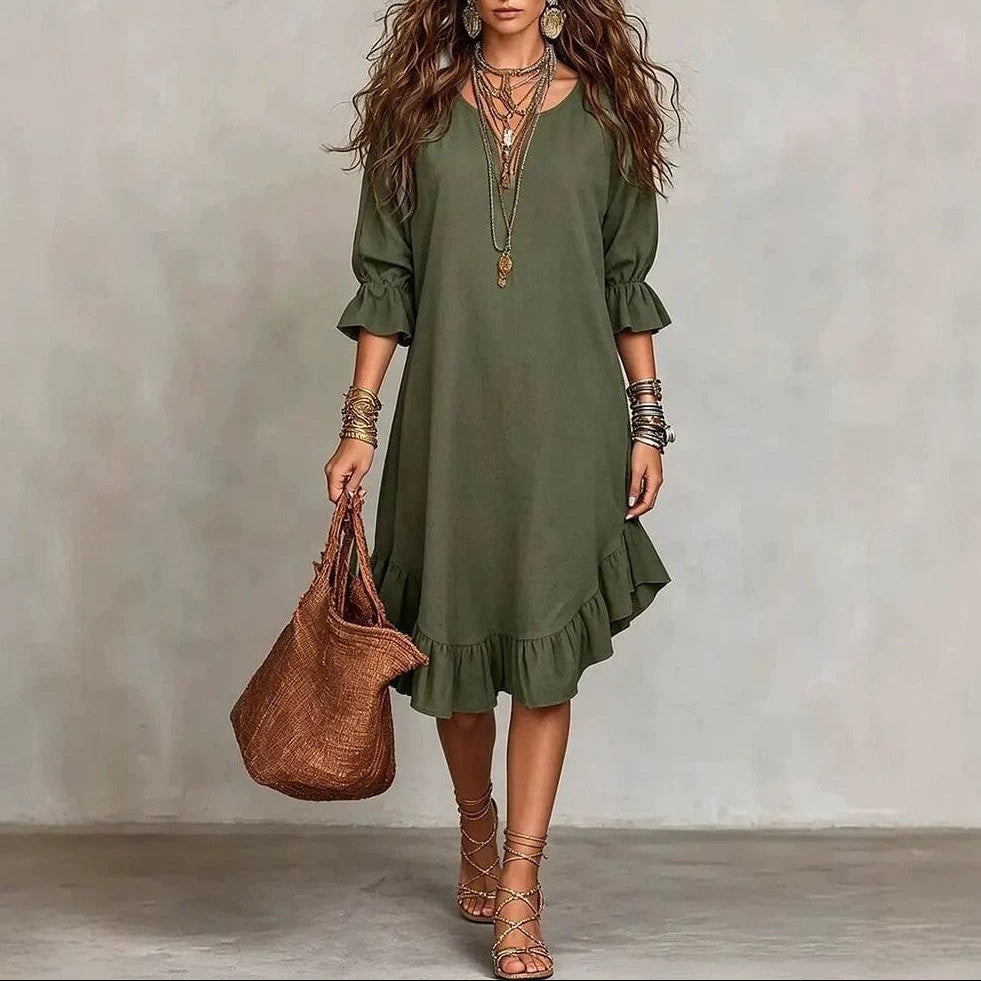 Women's Boho V-Neck Flare Sleeve Ruffle Hem Midi Dress