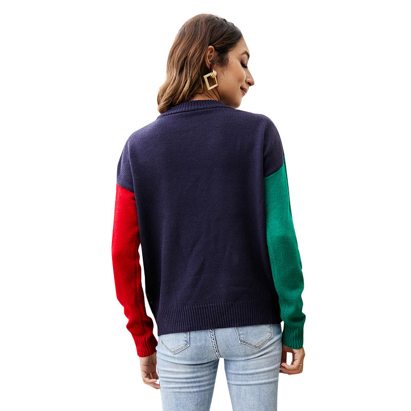 Christmas Patchwork Knit Sweater Women Holiday Pullover