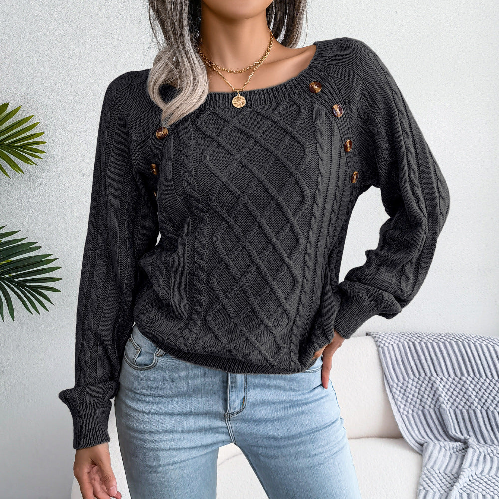 2025 Fall Winter Casual Square Neck Button Detail Cable Knit Sweater