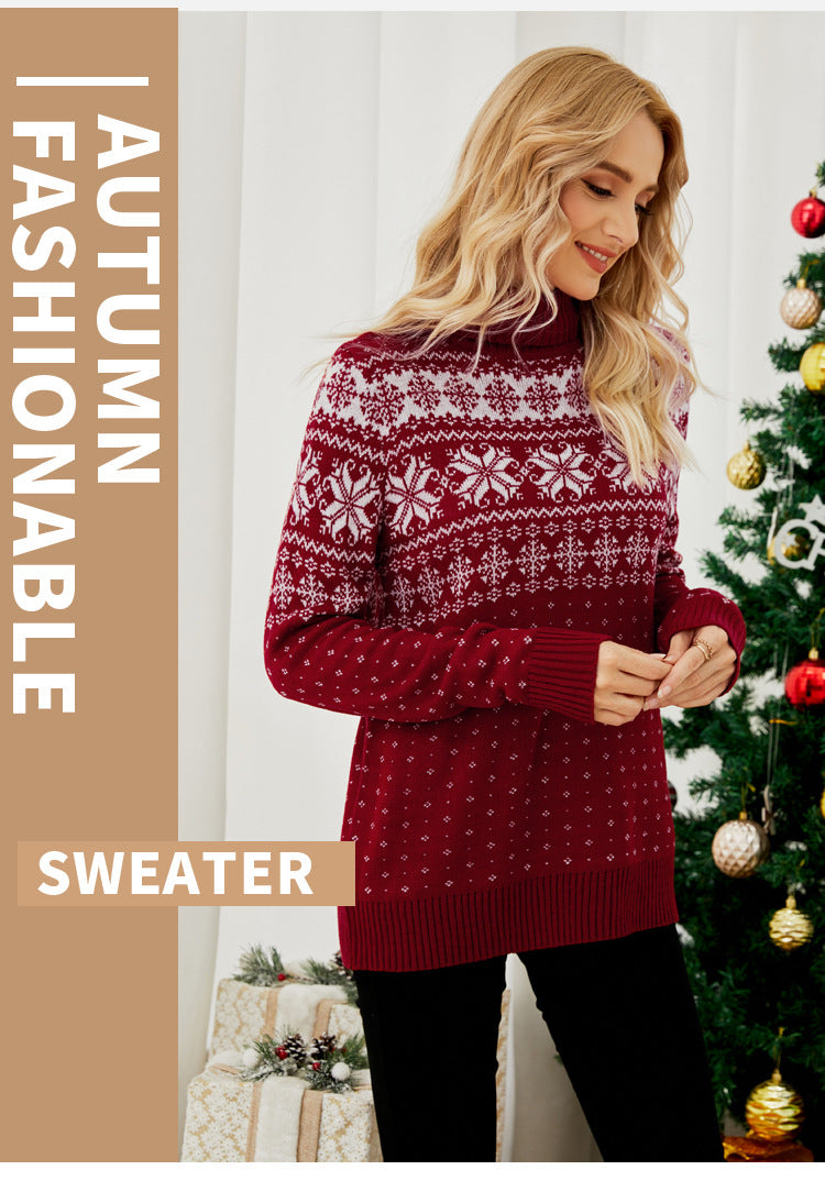 Red & Navy Snowflake Turtleneck Christmas Knit Sweater