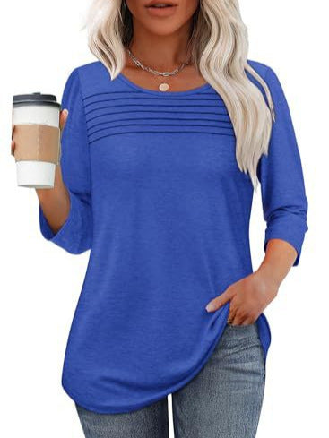 Women's Long Sleeve Crew Neck Pleated Casual Top