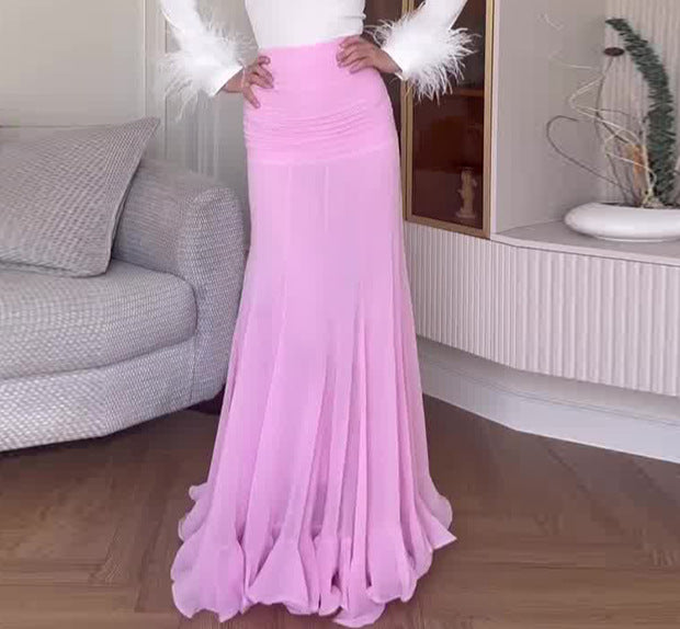 Women's Ruched High Waist Tulle Maxi Skirt Flowy Long