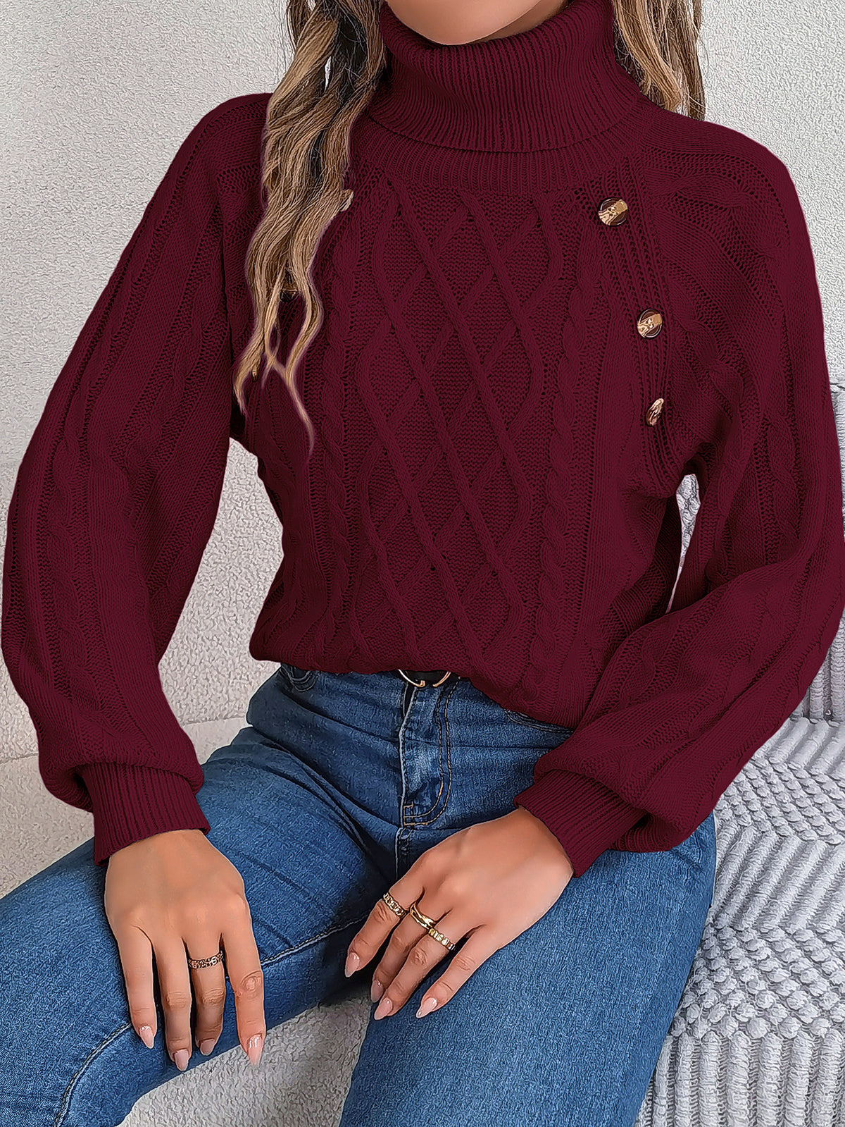Women's Cable Knit Turtleneck Button Balloon Sleeve Sweater