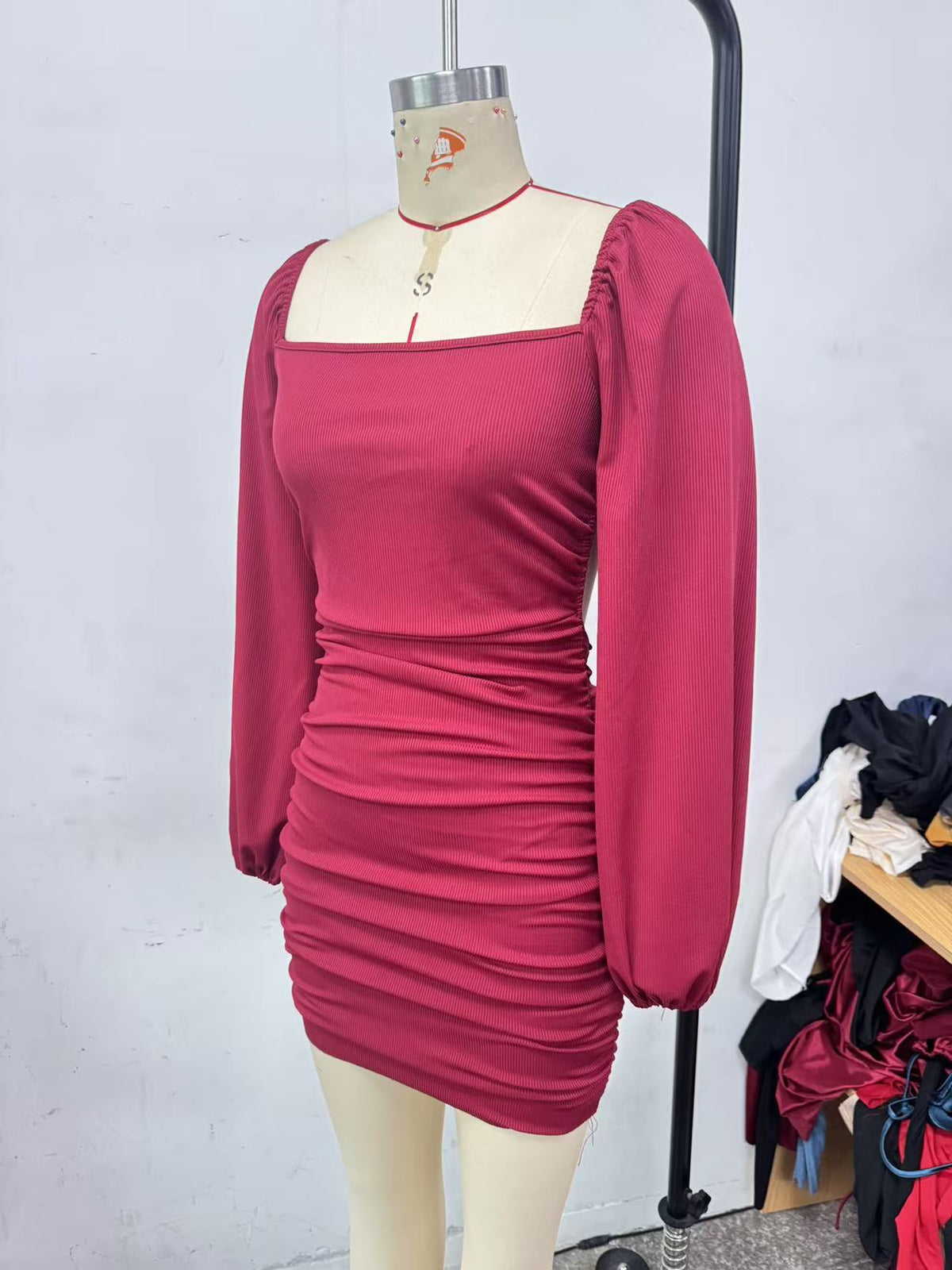 Burgundy Square Neck Long Sleeve Ruched Bodycon Mini Dress