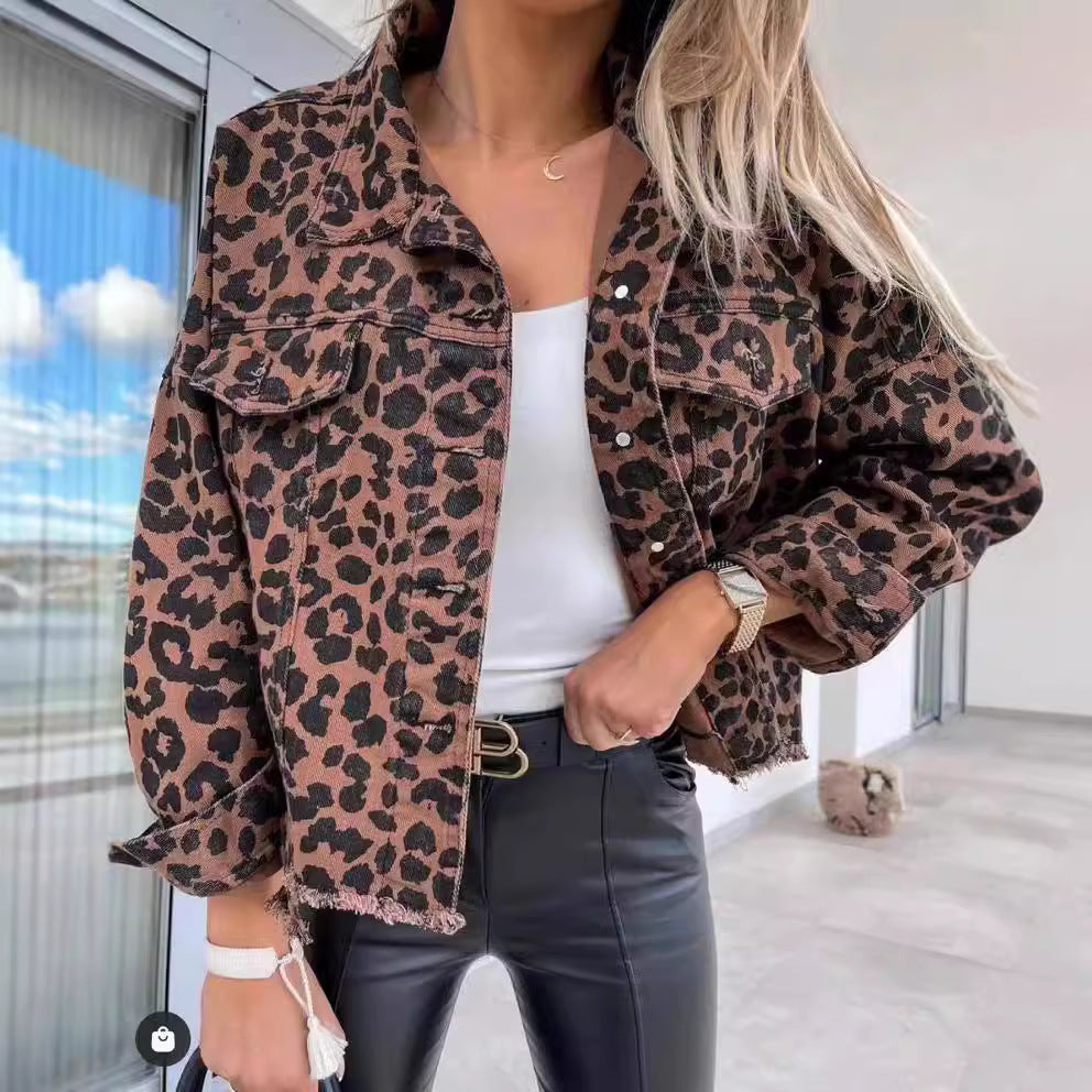 Oversized Leopard Print Cropped Denim Jacket