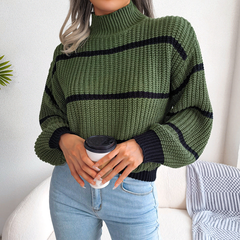 2025 Fall/Winter Casual Striped Lantern Sleeve Knit Sweater