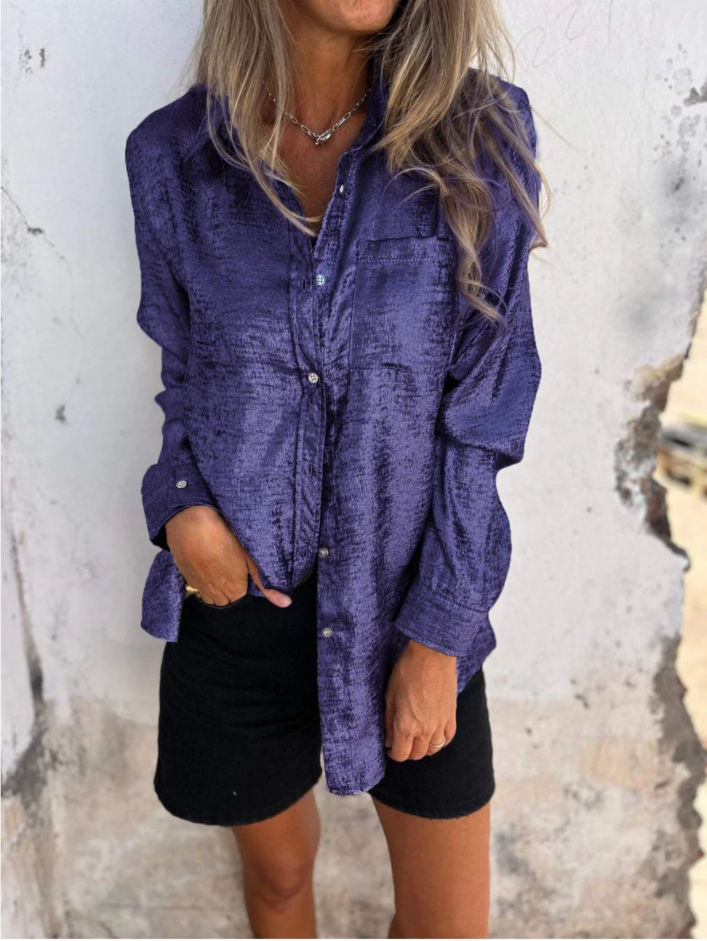 Women's Metallic Suede Button Down Shirt Long Sleeve Tunic