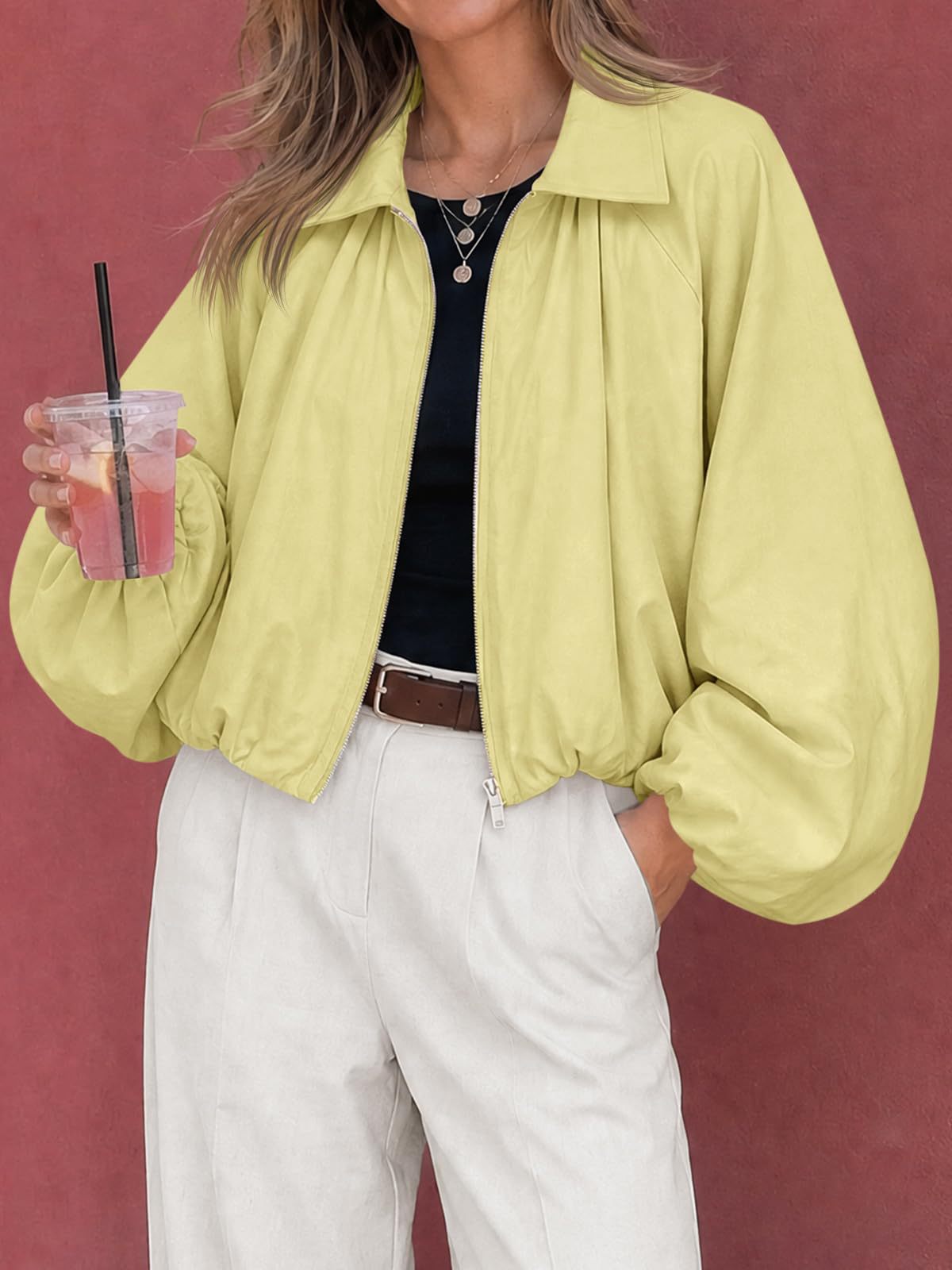 Women's Oversized Zip Up Cropped Jacket Puff Sleeve