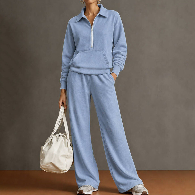 Women's Quarter Zip Sweatshirt Wide Leg Pants 2 Piece Set