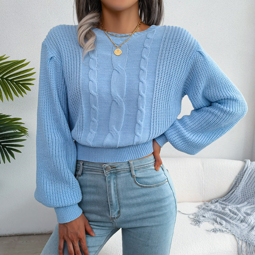 Cable Knit Balloon Sleeve Cropped Sweater