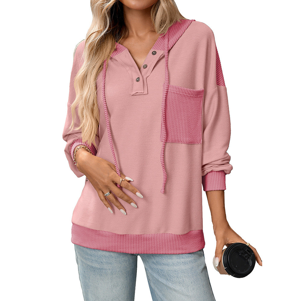 2025 Fall/Winter Colorblock Knit Trim Hoodie – Casual Pullover Sweatshirt