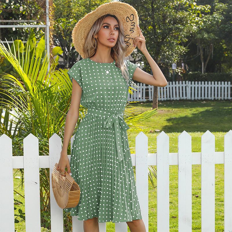 Polka Dot Midi Dress Pleated Tie Waist Short Sleeve