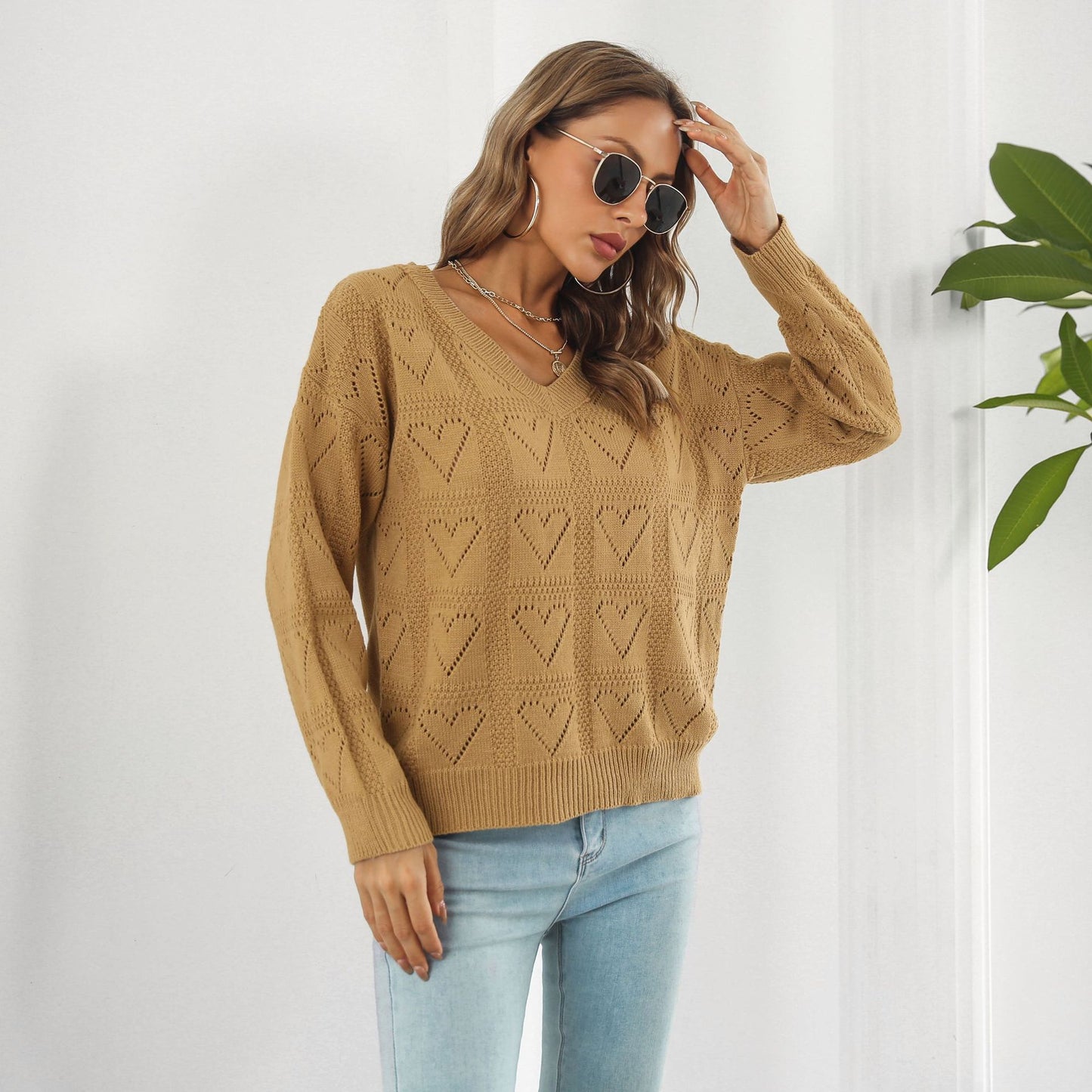 Women's Oversized V-Neck Heart Cutout Knit Sweater