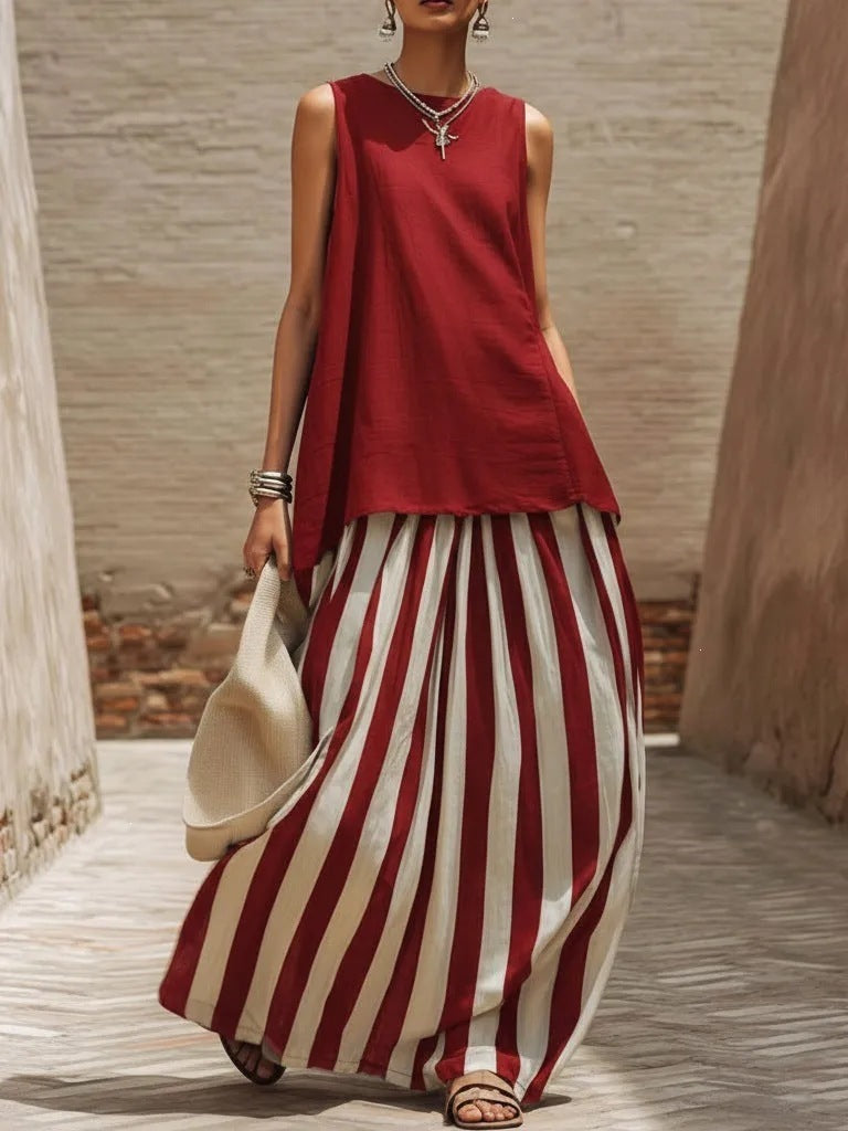 Women's Two Piece Set Striped Maxi Skirt Sleeveless Top