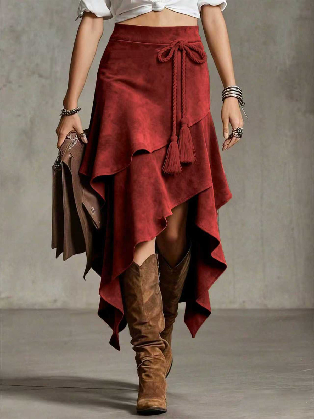 Western Faux Suede Asymmetrical Midi Skirt
