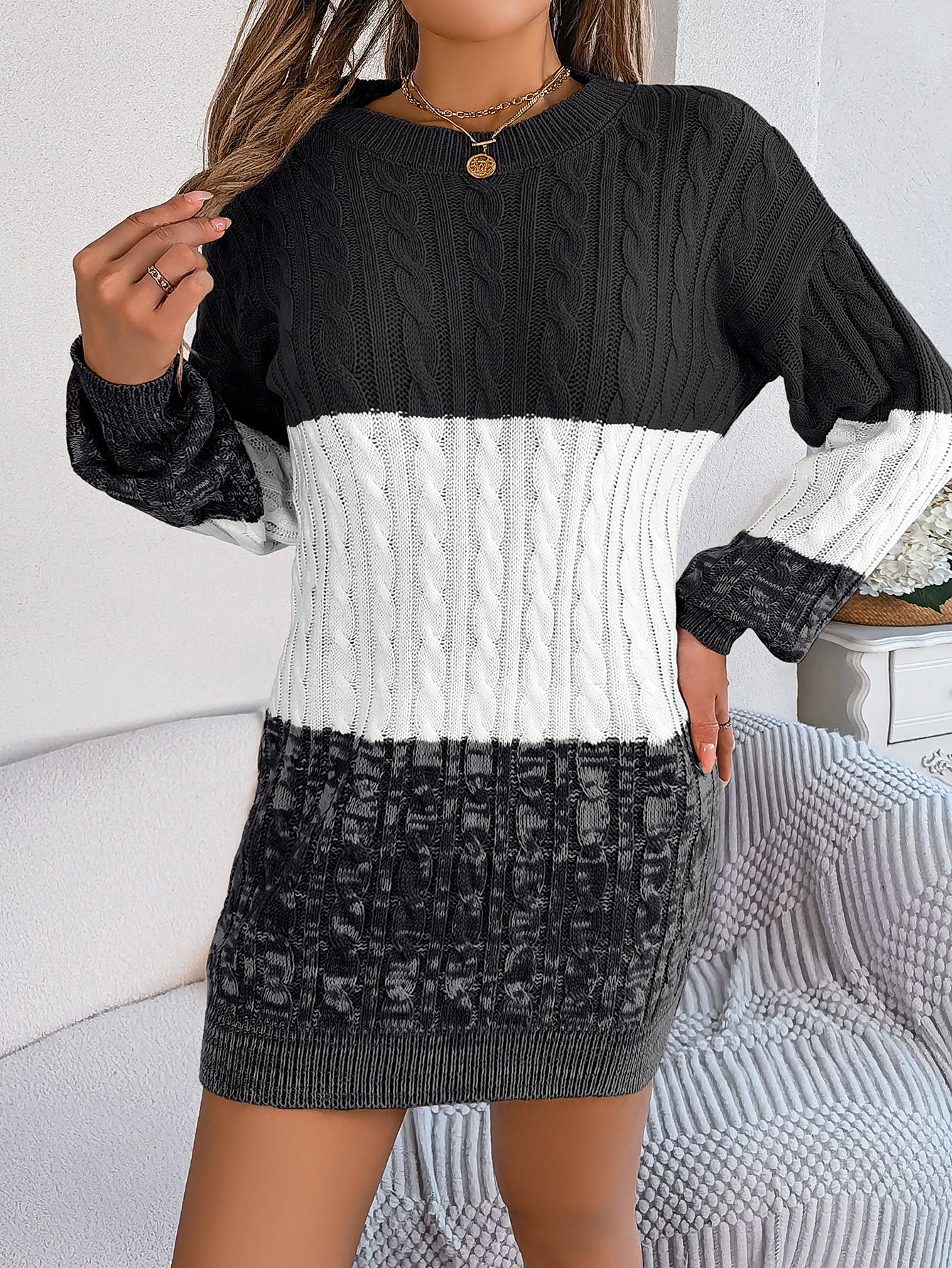 2025 Fall Winter Colorblock Cable Knit Lantern Sleeve Sweater Dress