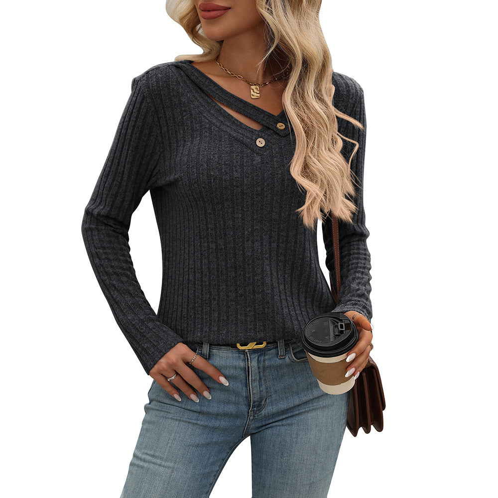 Ribbed V Neck Button Detail Long Sleeve Top