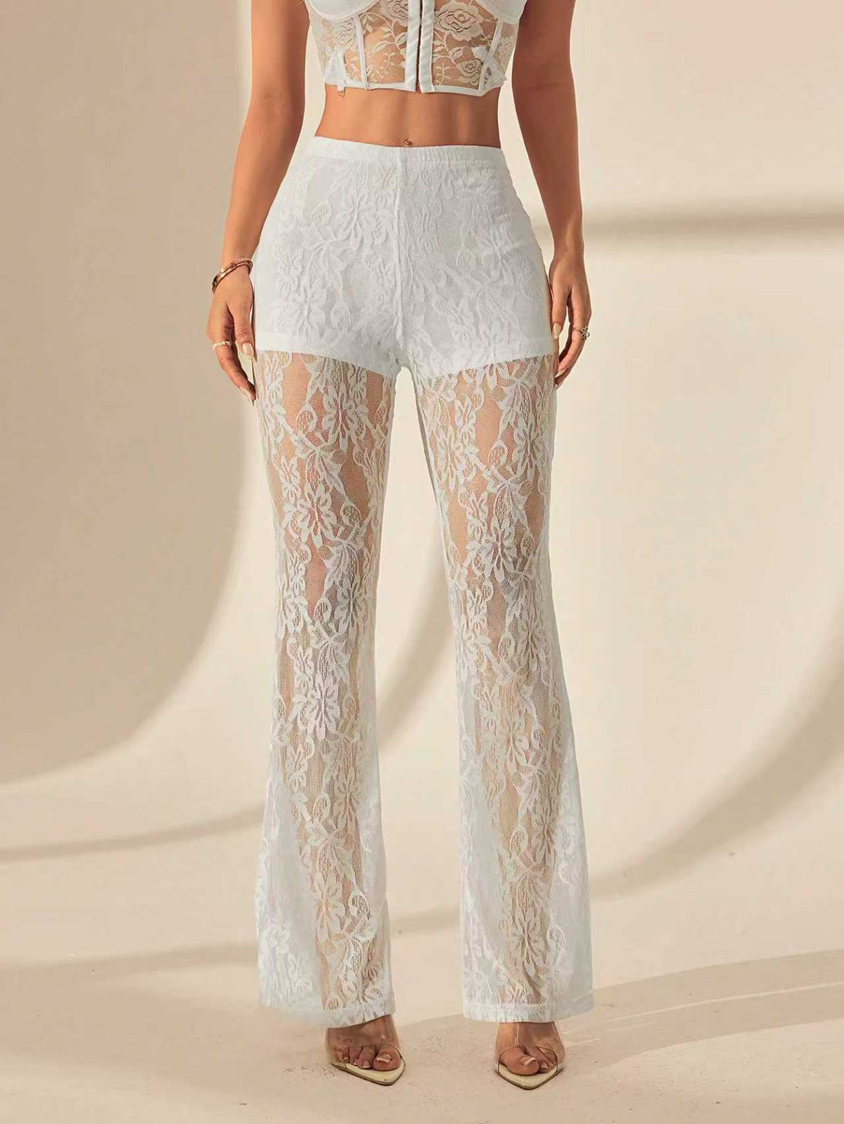 Women's Sexy Lace Patchwork Sheer High Waist Flare Pants
