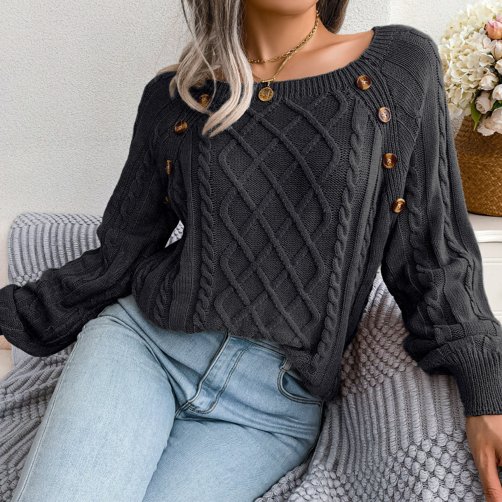 2025 Fall Winter Casual Square Neck Button Detail Cable Knit Sweater
