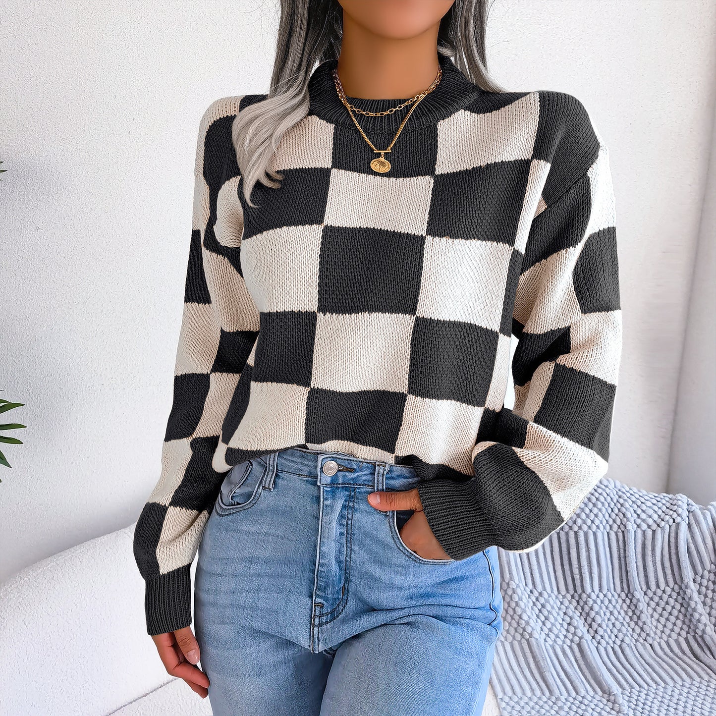 2025 Fall/Winter Colorblock Checkered Knit Sweater - Street Style