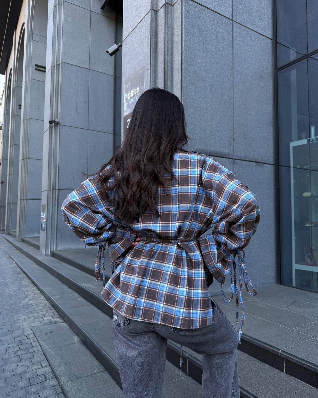 Oversized Plaid Tie Waist Long Sleeve Shirt Women
