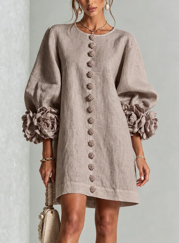 Women's 3D Floral Puff Sleeve Linen Blend Mini Dress