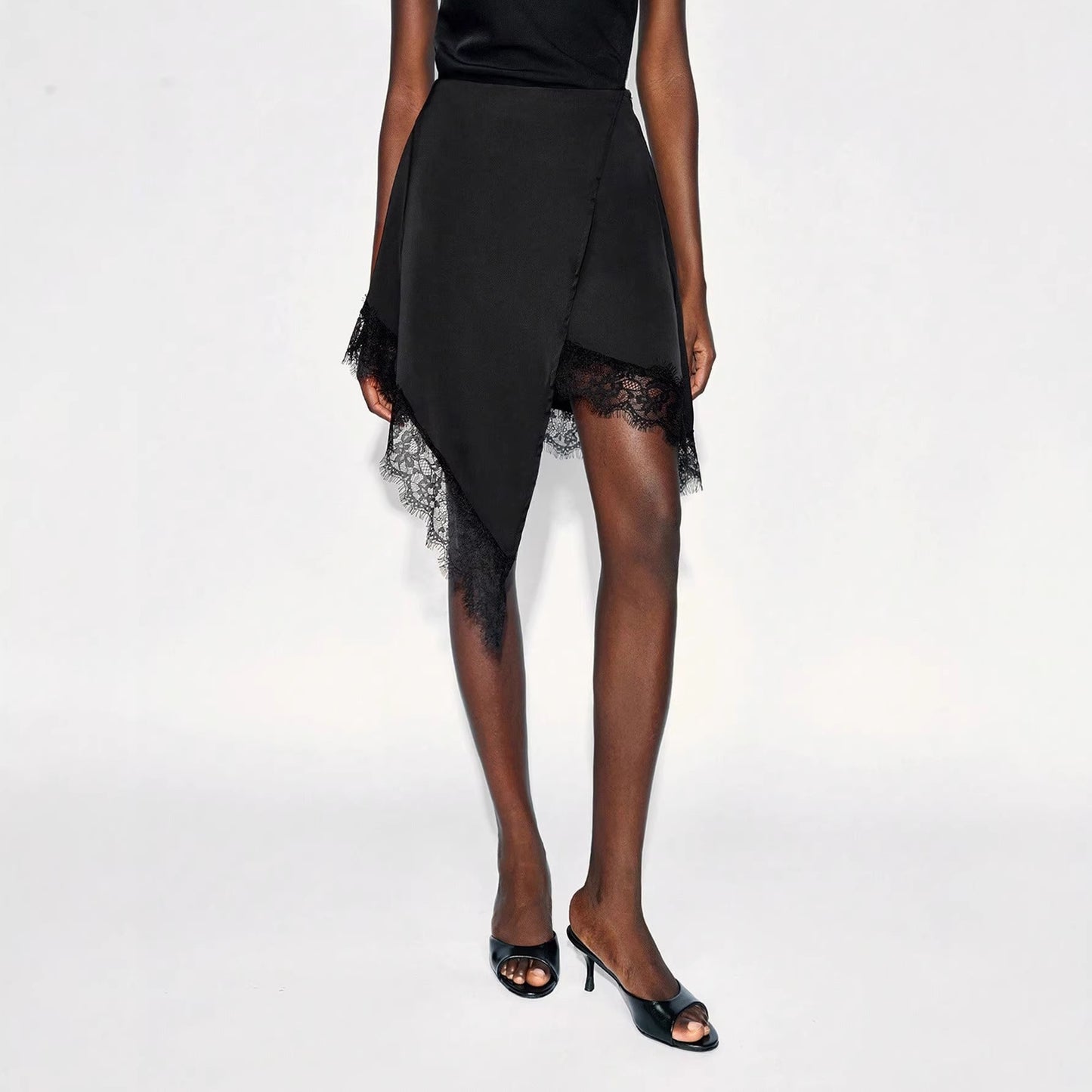 Lace Trim Asymmetrical Satin Midi Skirt Elegant A Line